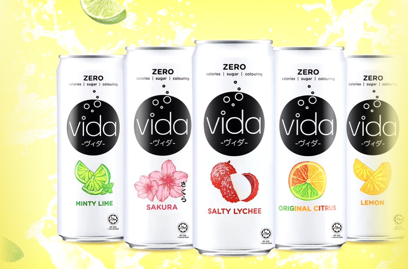 vida ZERO range — Minty Lime, Sakura, Salty Lychee, Original Citrus, Lemon 325ml cans